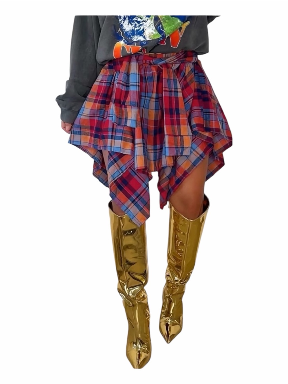Plaid Handkerchief-Hem Skirt - Red Multi
